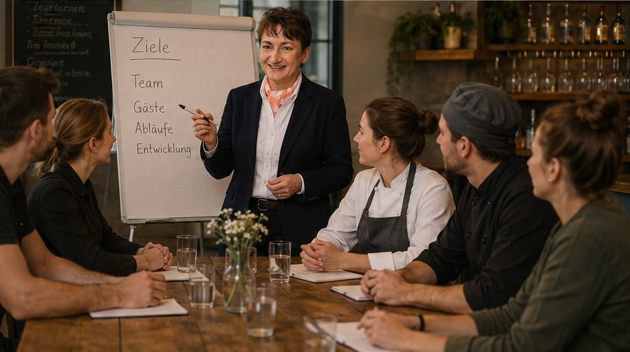 Sabine Gebert leitet ein Gruppencoaching mit einem Gastronomie-Team am Flipchart