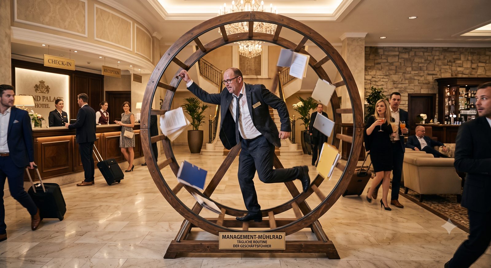 Illustration eines gehetzten Hotelmanagers im Hamsterrad „Management-Mühlrad – Tägliche Routine der Geschäftsführer“, umgeben von durch die Luft fliegenden Akten und einem Laptop.