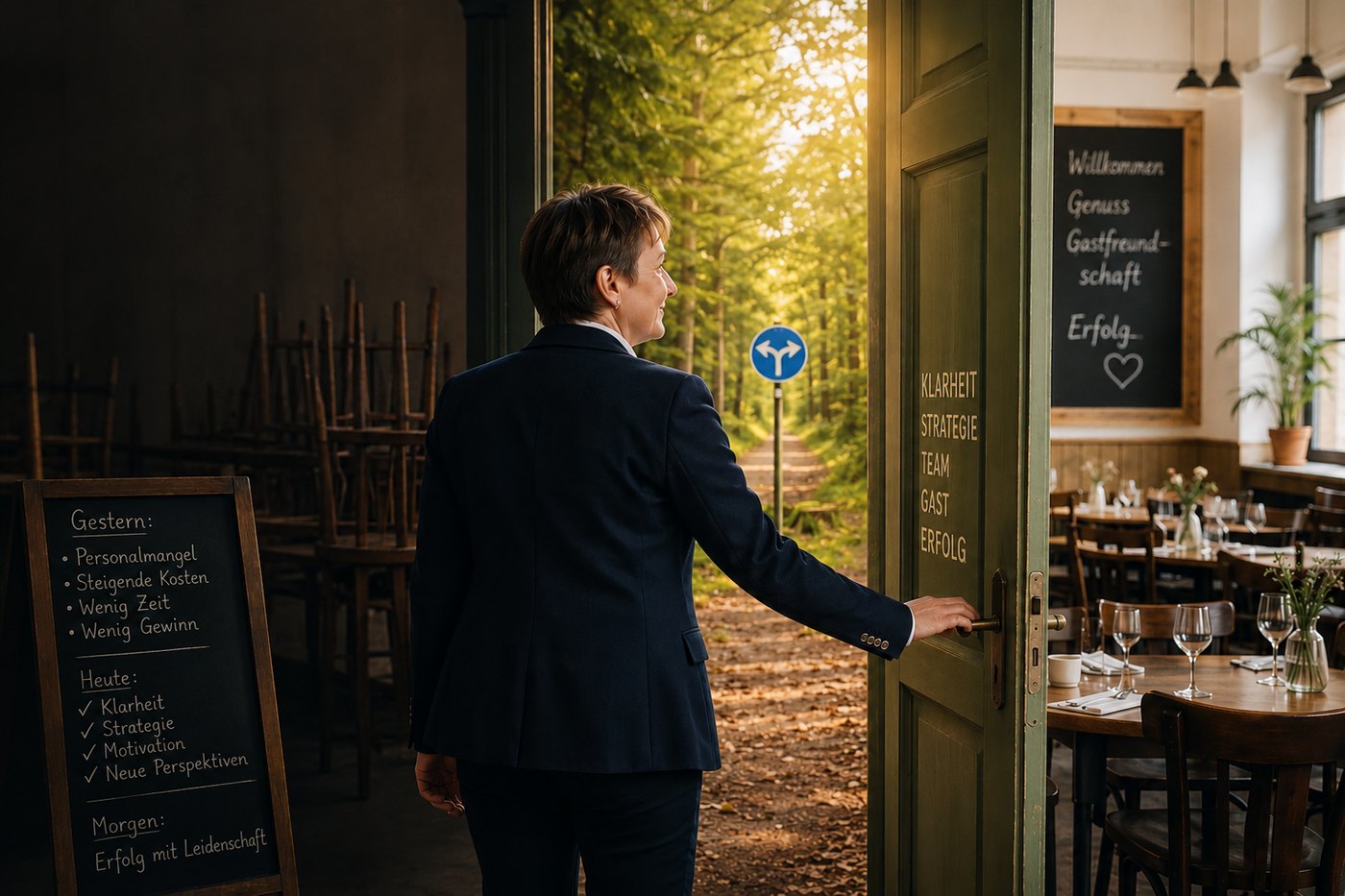 Sabine Gebert öffnet eine Tür aus dem dunklen, geschlossenen Restaurant hinaus auf einen sonnigen Weg – Sinnbild für den Perspektivenwechsel in Gastronomie und Hotellerie