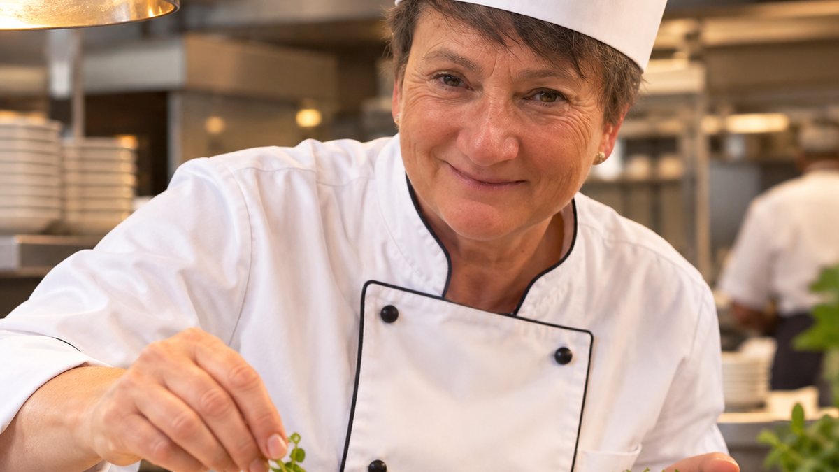 Köchin richtet konzentriert und gelassen einen Teller in einer Restaurantküche an.
