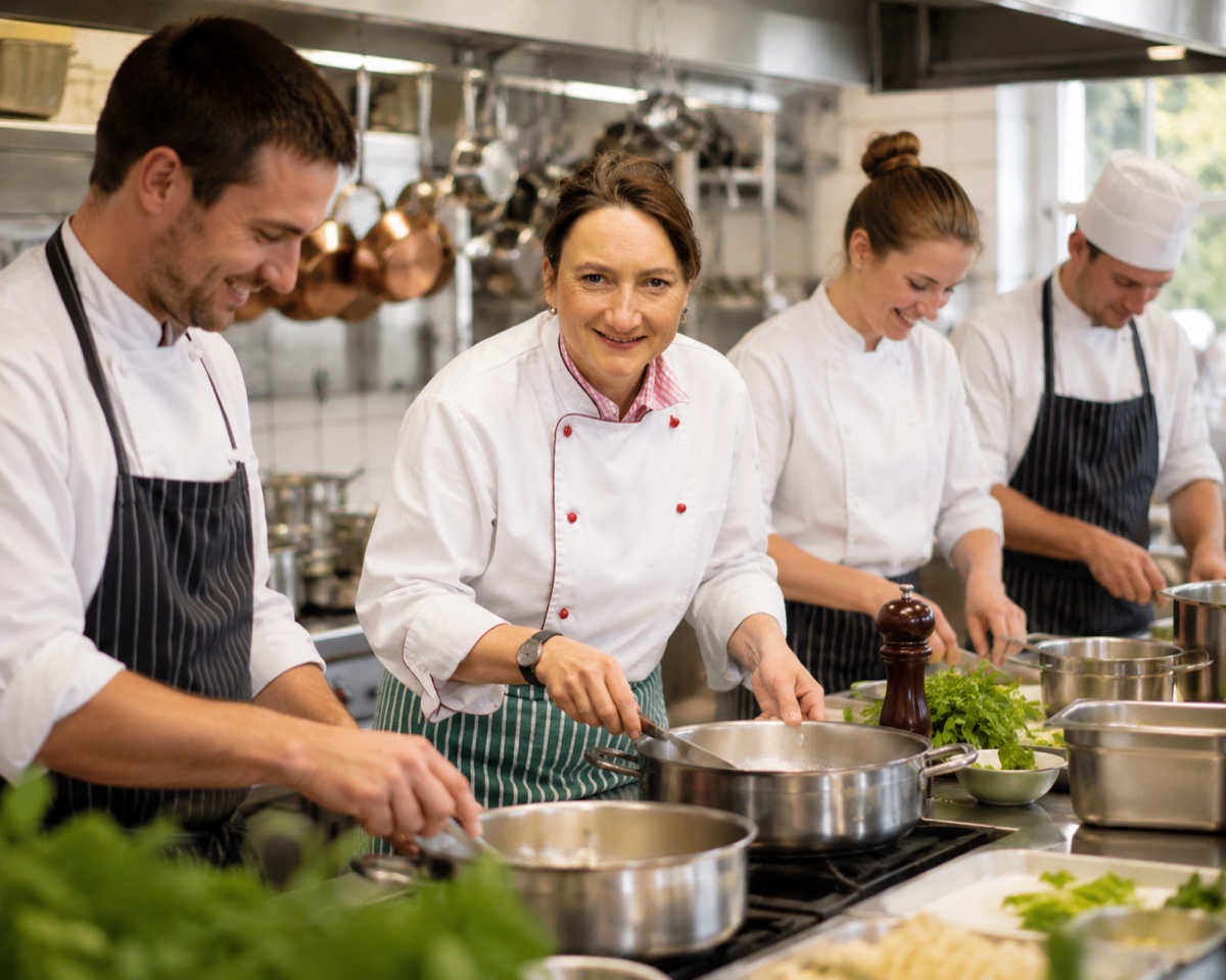 Sabine Gebert in Kochjacke mit ihrem Küchenteam in der Profiküche – ihre Wurzeln in der Gastronomie