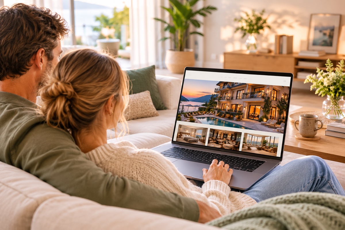 Ein Paar entdeckt entspannt auf dem Sofa die ansprechende Website eines Hotels auf dem Laptop